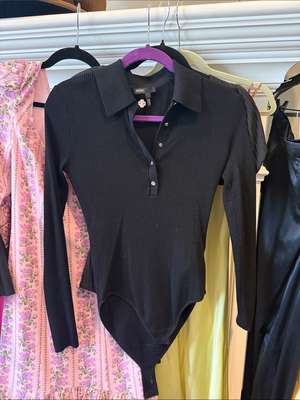Maje Black Ribbed Long-Sleeve Polo Bodysuit with Buttons
